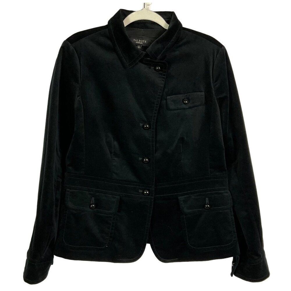 Talbots Women's Black Velvet Peplum Blazer Jacket Size 12, Lined, Pockets